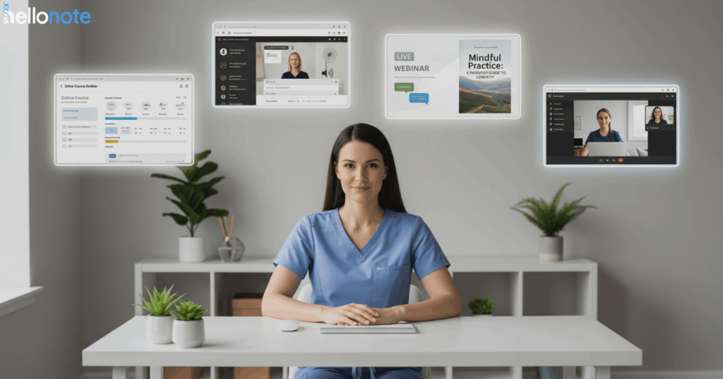 A female therapist visualizes the answer to 'how can a therapy practice increase revenue?' with floating screens showing creative revenue streams like an online course, a webinar, an eBook, and telehealth services.