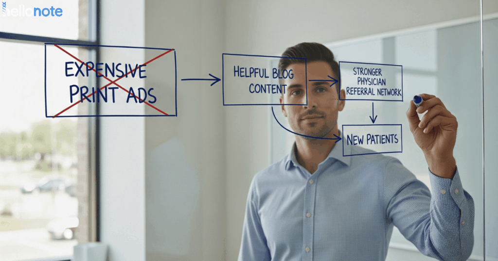 A therapist outlines a **cost-effective therapy marketing** strategy on a glass board, showing a shift from 'Expensive Print Ads' to a new plan involving blog content and physician referrals.