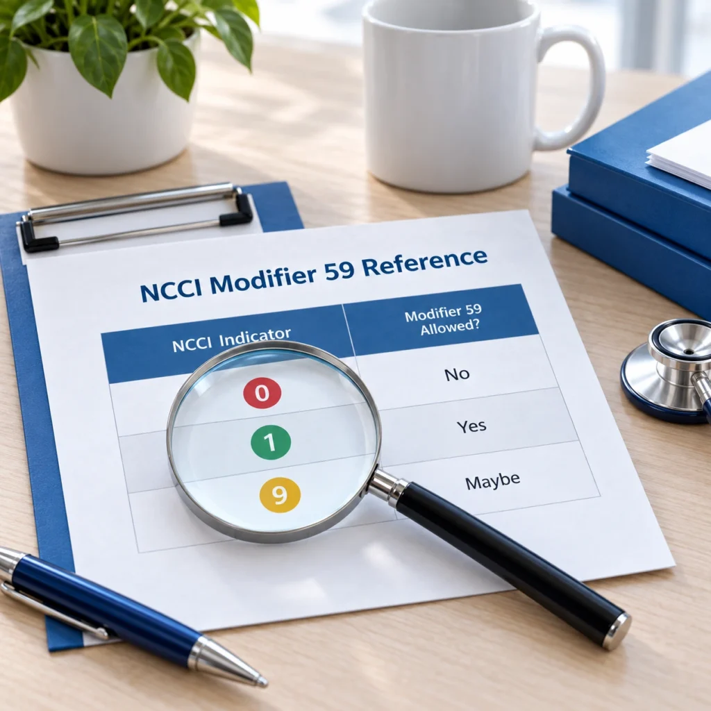 NCCI Modifier 59 reference chart for physical therapy billing showing CMS modifier indicators 0, 1, and 9 with a magnifying glass