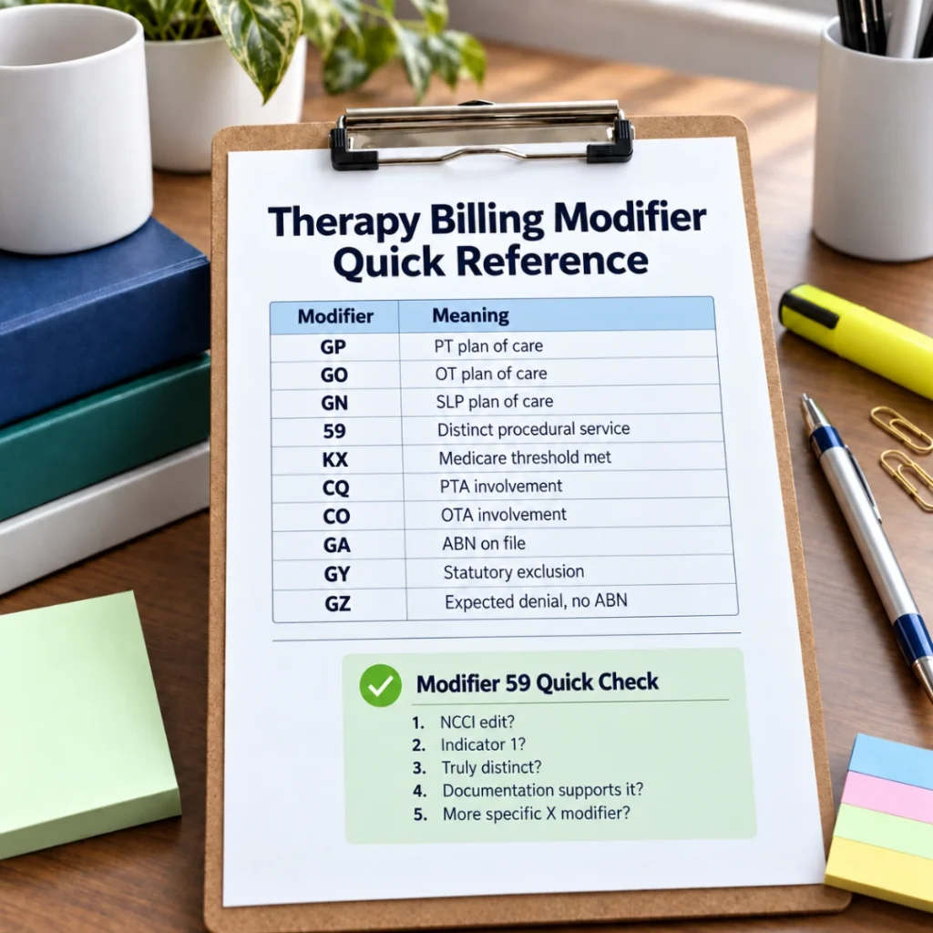 Therapy billing modifier quick reference chart showing GP, GO, GN, 59, KX, CQ, CO, GA, GY, and GZ modifiers
