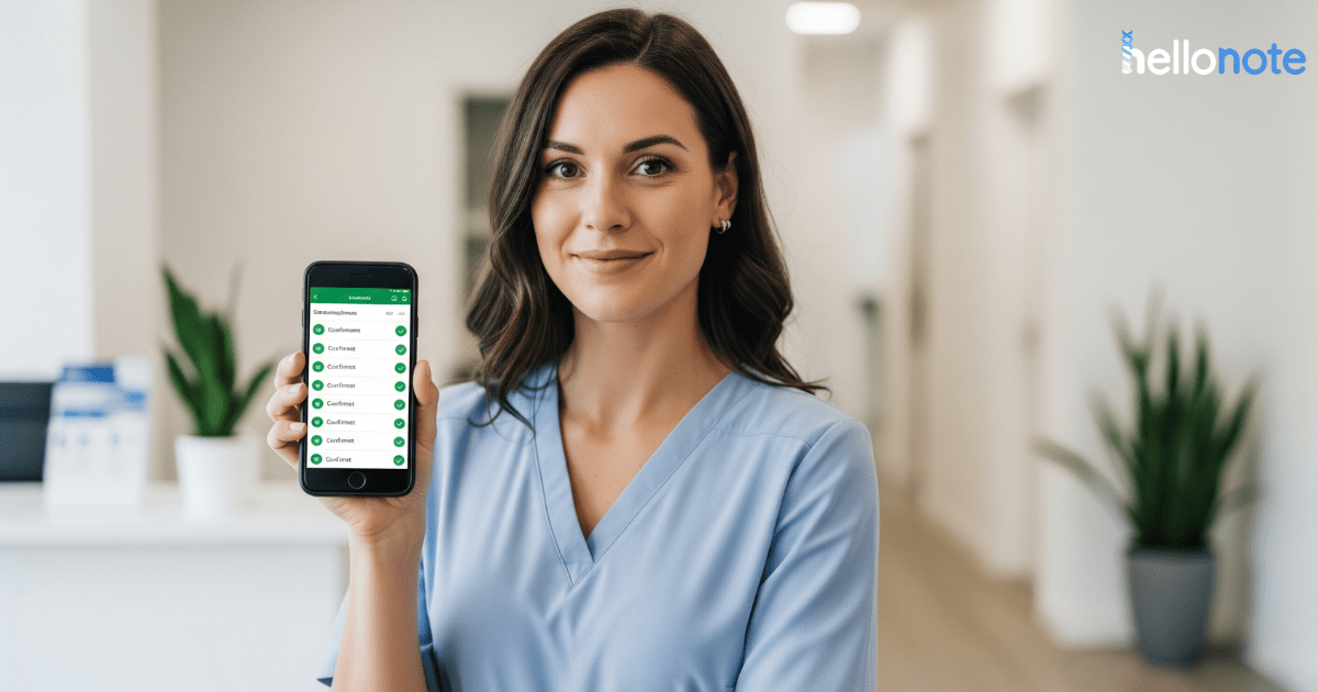 A clinic professional holds a smartphone displaying a list of confirmed appointments, a key strategy to reduce patient cancellations using automated reminders.