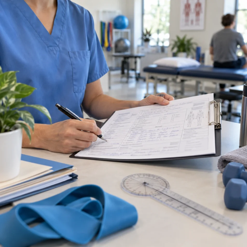 Physical therapist documenting patient care on a clinical form to support defensible documentation, skilled care, and medical necessity