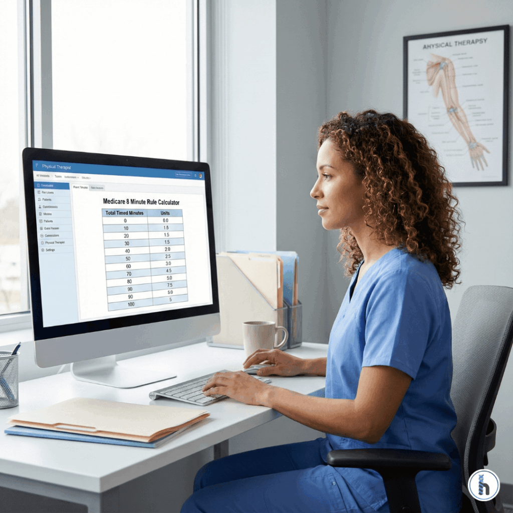 Physical therapist using an EMR system with a Medicare 8-minute rule calculator displayed on the screen for accurate therapy billing compliance.