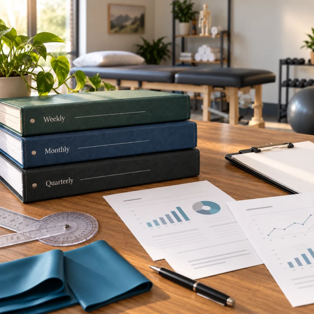 Physical therapy reporting workspace with weekly, monthly, and quarterly folders, printed analytics reports, and clinic equipment