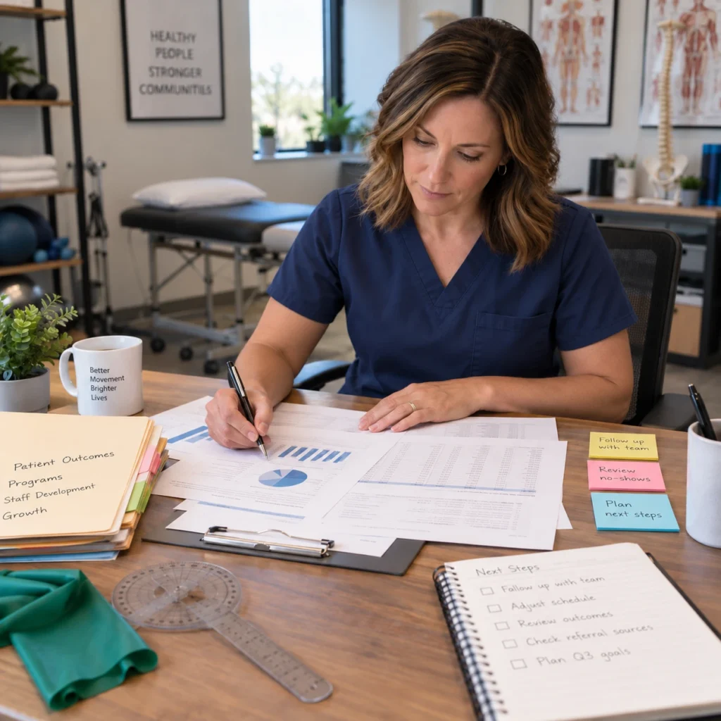 Therapist in scrubs reviewing physical therapy reports, charts, and practice performance documents at a clinic desk