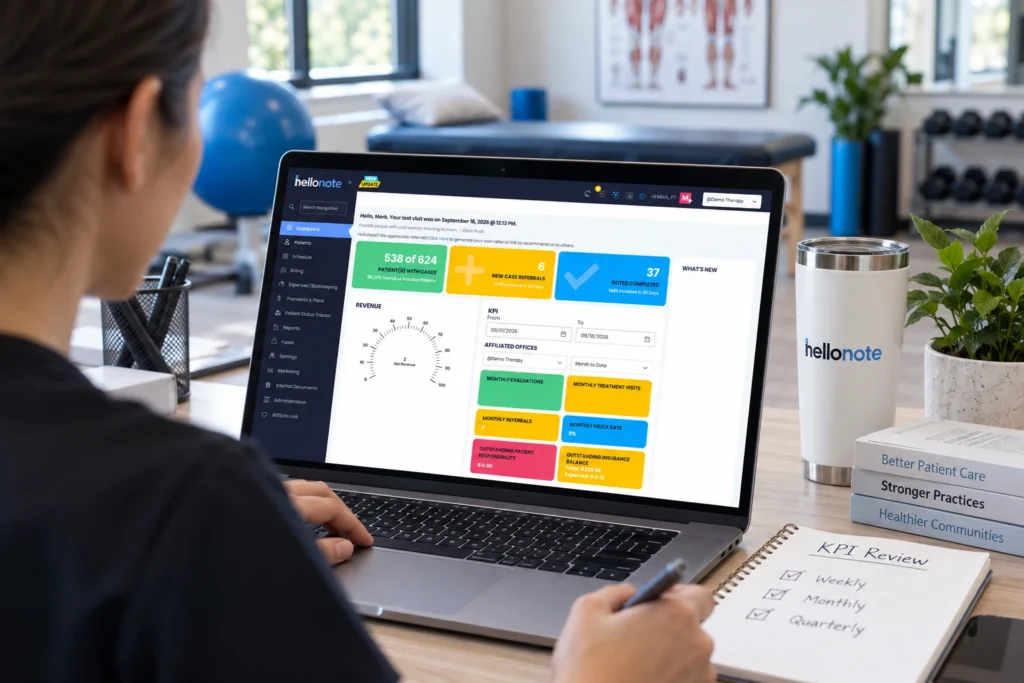 Therapist reviewing physical therapy KPIs in the HelloNote dashboard, including evaluations, visits, referrals, cancellations, and outstanding balances