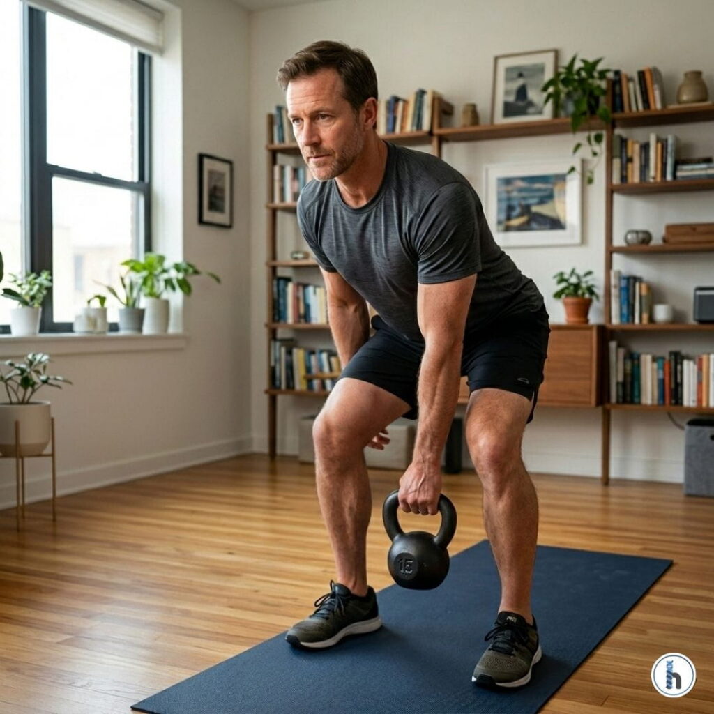 A middle-aged man with short brown hair is crouched in a focused posture on a blue mat, lifting a black kettlebell with his left hand. He is wearing a grey t-shirt and black shorts. The setting is a living room with wooden floors, tall windows, and a large bookshelf filled with books and plants.