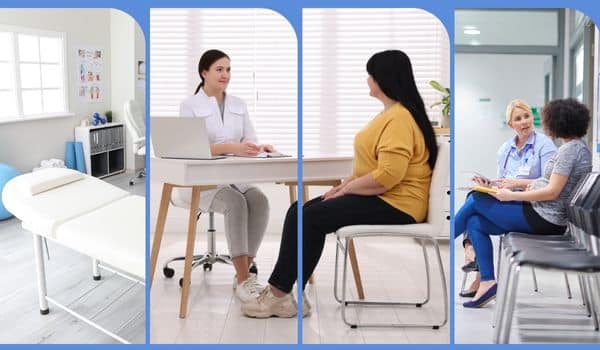 Montage of Images of Clinic Setup with Therapists talking to patients.