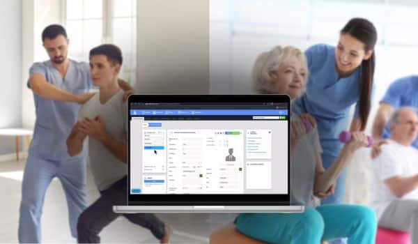 Image Featuring Image of HelloNote's Patient Portal with Images of Therapists and their patient at the background.