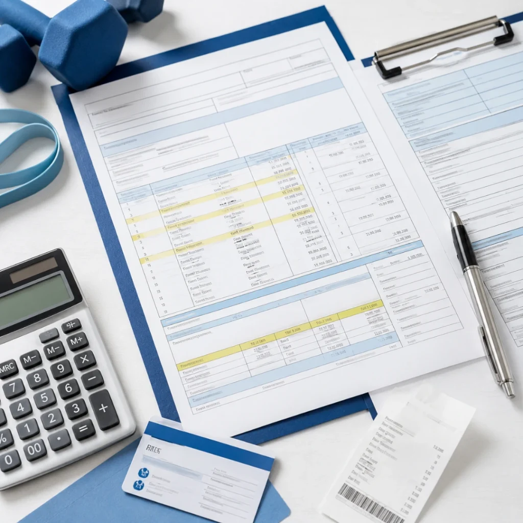 Therapy superbill with billing details, calculator, receipts, and rehabilitation equipment representing therapy superbill requirements