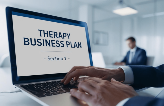 Therapist developing a detailed therapy business plan on a laptop, a crucial step when starting a therapy business for private practice therapy.