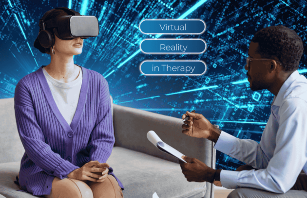 A therapist guiding a patient wearing an Oculus headset during a virtual reality therapy session