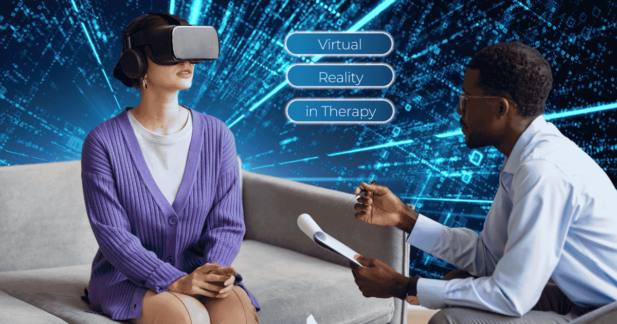 A therapist guiding a patient wearing an Oculus headset during a virtual reality therapy session