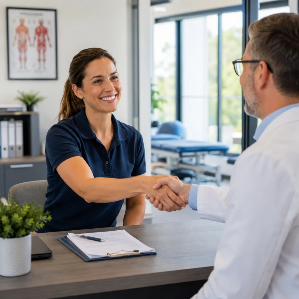 Therapist meeting with a physician to build physician referrals for a therapy practice
