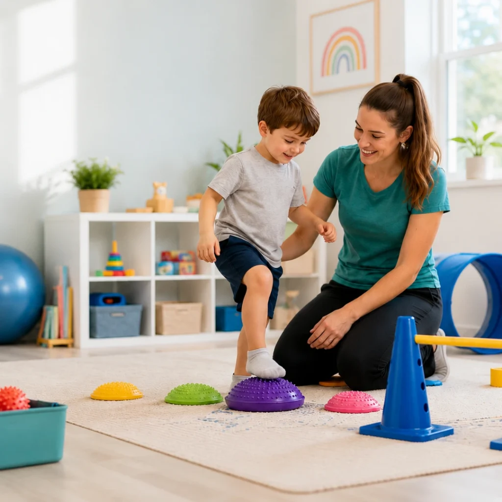 Pediatric therapy practice income ideas shown through a therapist helping a child during a therapy activity in a bright clinic playroom, representing kids camps, developmental screenings, caregiver workshops, and pediatric therapy services.
