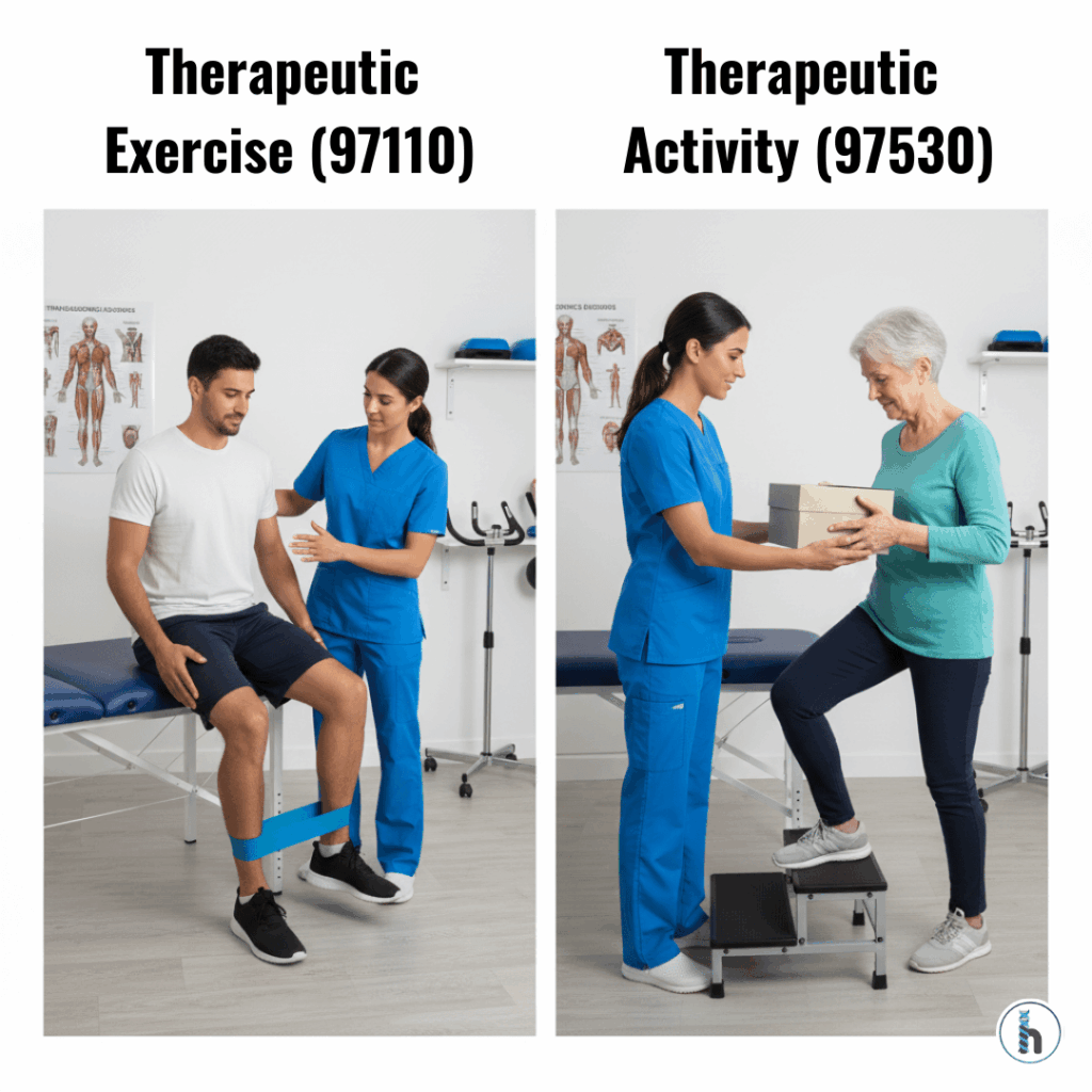 A side-by-side comparison image showing therapeutic exercise (97110) and therapeutic activity (97530), illustrating the difference between isolated strengthening exercises and functional activity training — supporting the 97110 vs 97530 CPT coding explanation.