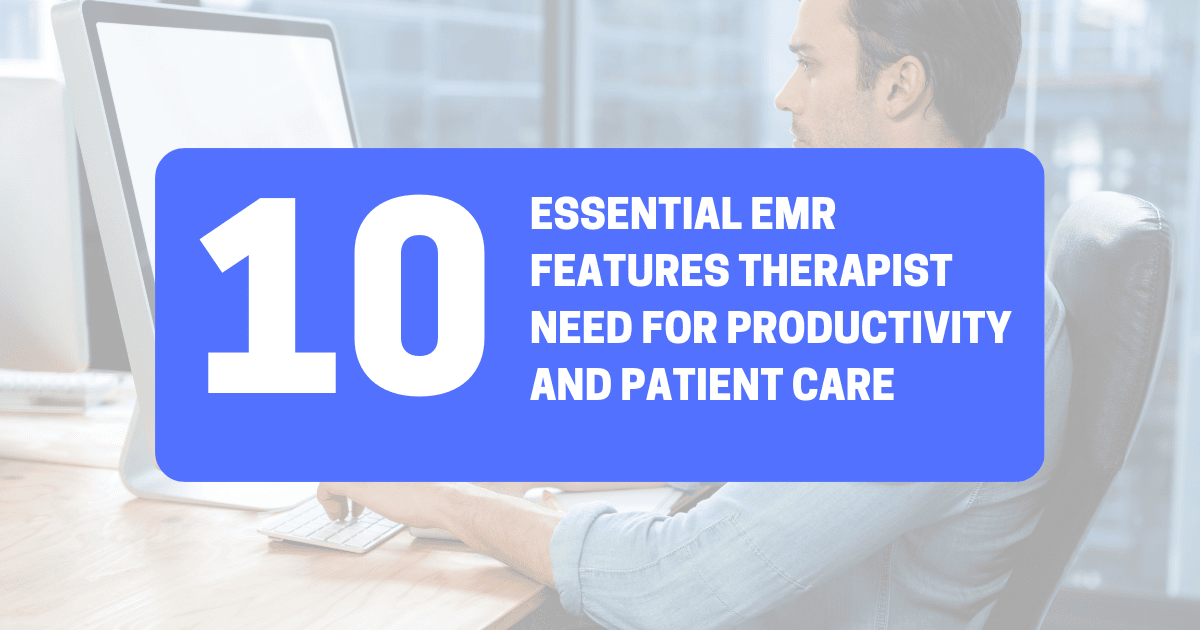 Therapist using EMR software highlighting essential features like scheduling, secure data storage, and patient records management.