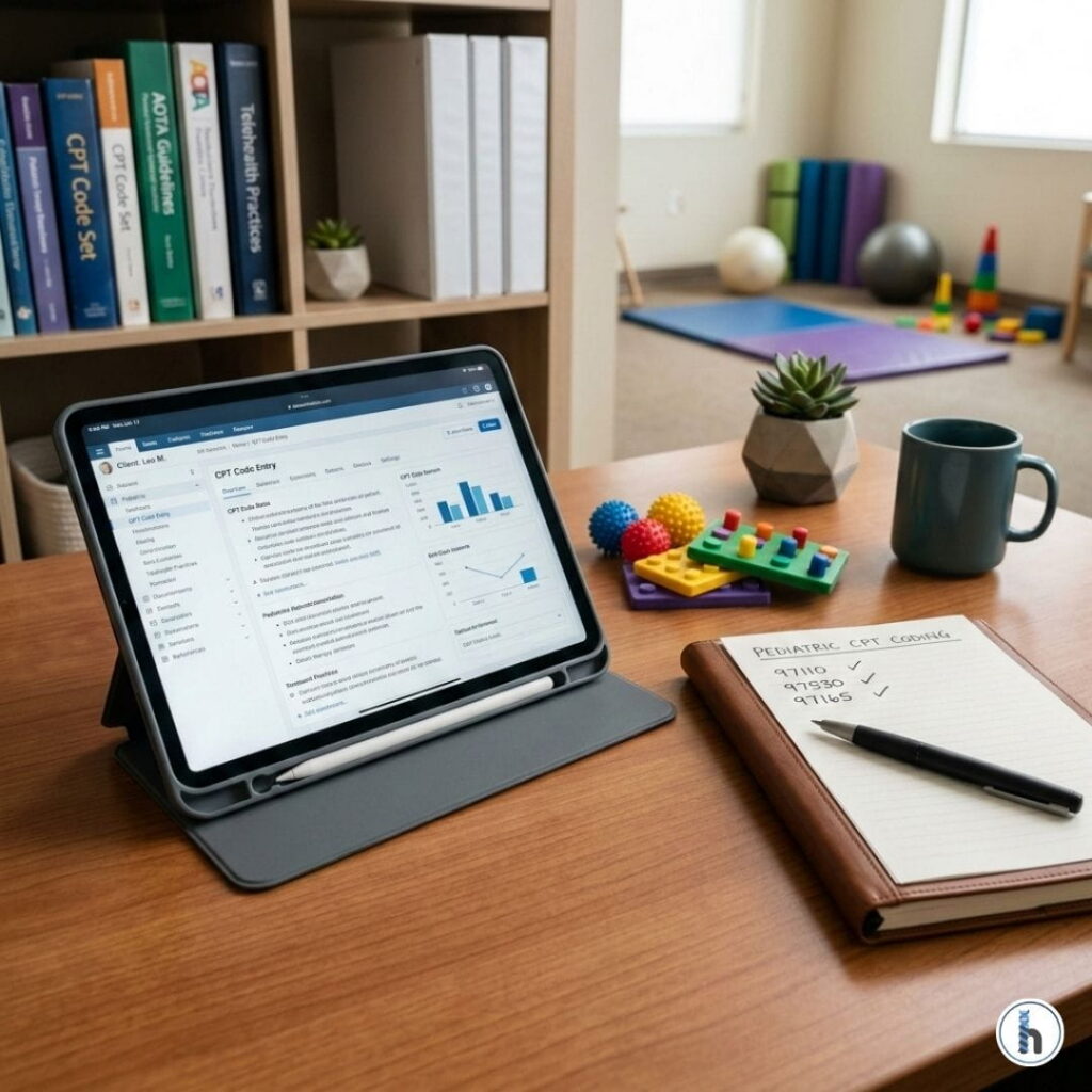 A hyper-realistic photograph of a clean wooden desk with a grey tablet displaying pediatric CMR and billing software, next to a notebook with CPT code checklists for OT and physical therapy.