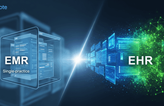 Hellonote graphic illustrating the EMR vs EHR comparison: On the left, a single-practice Electronic Medical Records system; on the right, interconnected data streams representing Electronic Health Records and data sharing healthcare capabilities