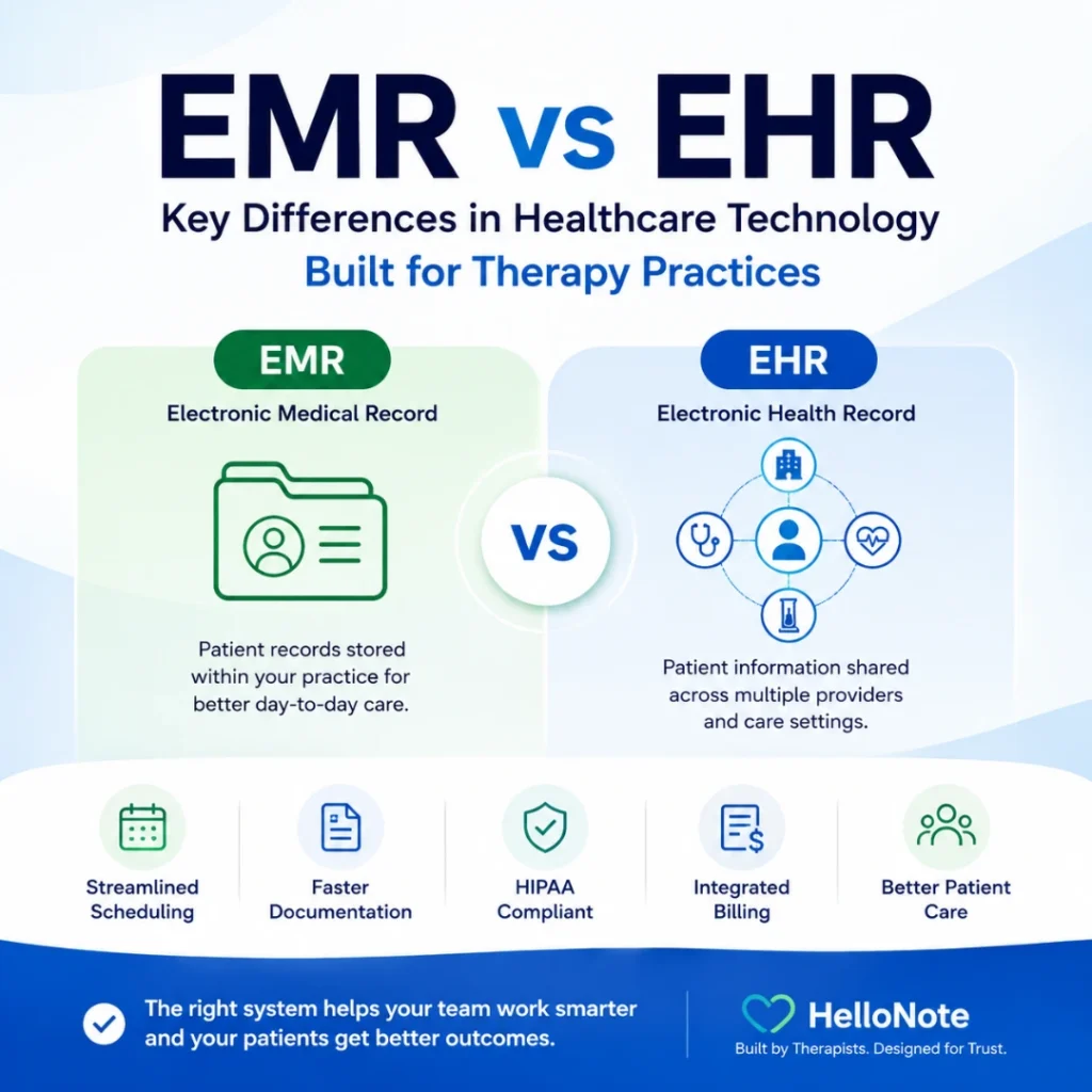 EMR vs EHR infographic showing key differences between electronic medical records and electronic health records for therapy practices, including scheduling, documentation, billing, HIPAA compliance, and patient care.