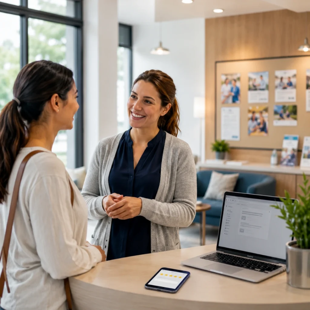 Therapy clinic staff member speaking with a patient in a modern clinic reception area, representing patient referrals, Google reviews, patient engagement, and therapy practice growth.