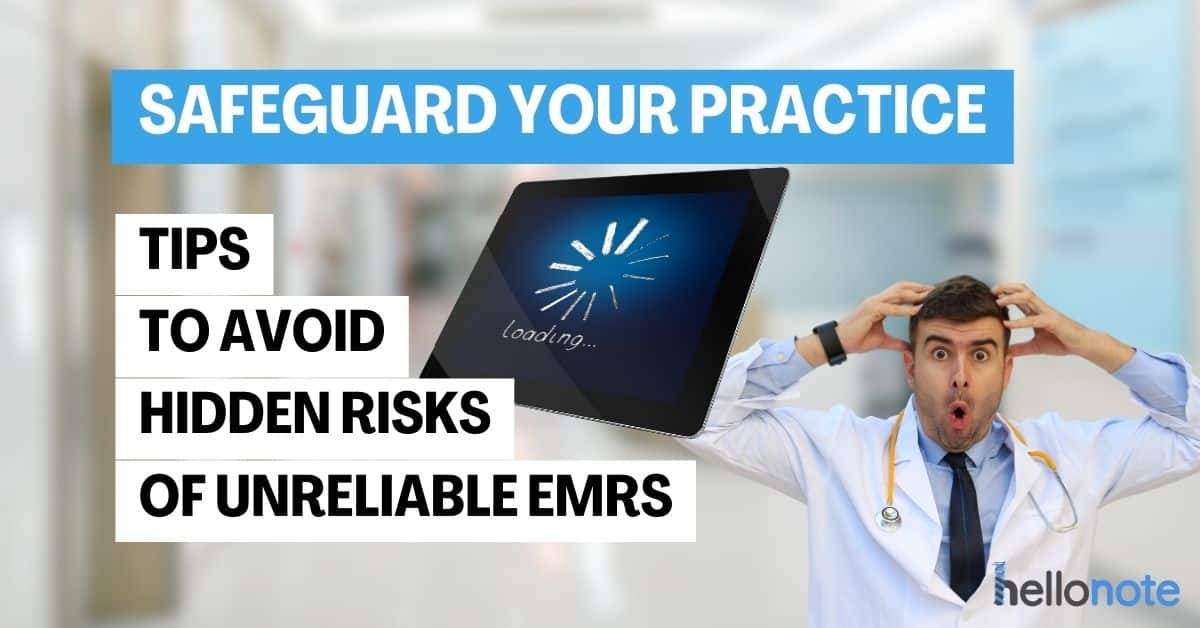 A therapist looking shocked and concerned after discovering the hidden cybersecurity risks of using an unreliable EMR system.