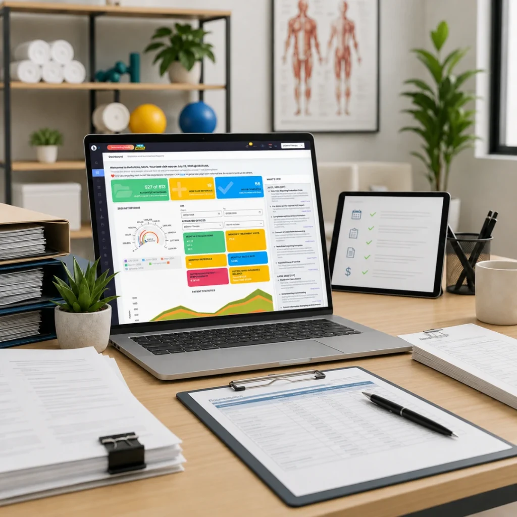 HelloNote dashboard on a laptop in a therapy clinic workspace, representing streamlining billing processes for therapy practices, claim tracking, eligibility, reporting, and EMR billing workflows.