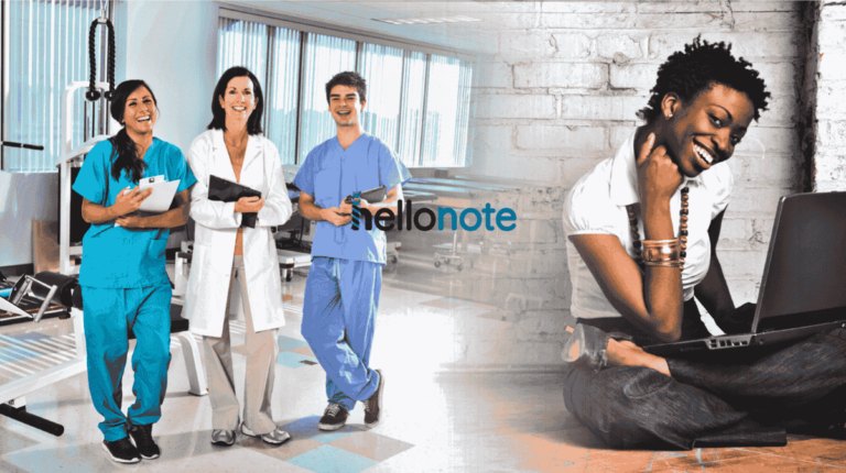 Physical therapist using HelloNote software for patient management and treatment planning.