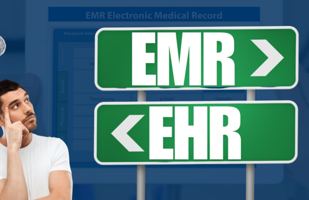 Man thinking about EMR vs EHR with digital health record icons.