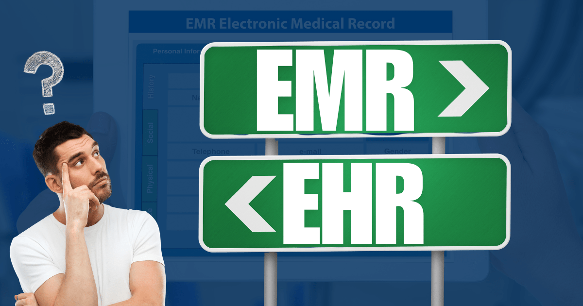 Man thinking about EMR vs EHR with digital health record icons.