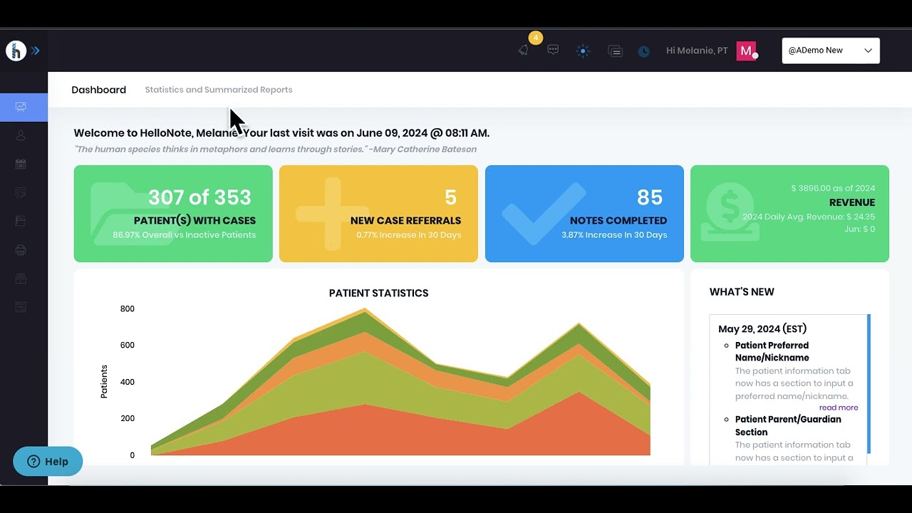 HelloNote EMR software interface showcasing medical billing software features.