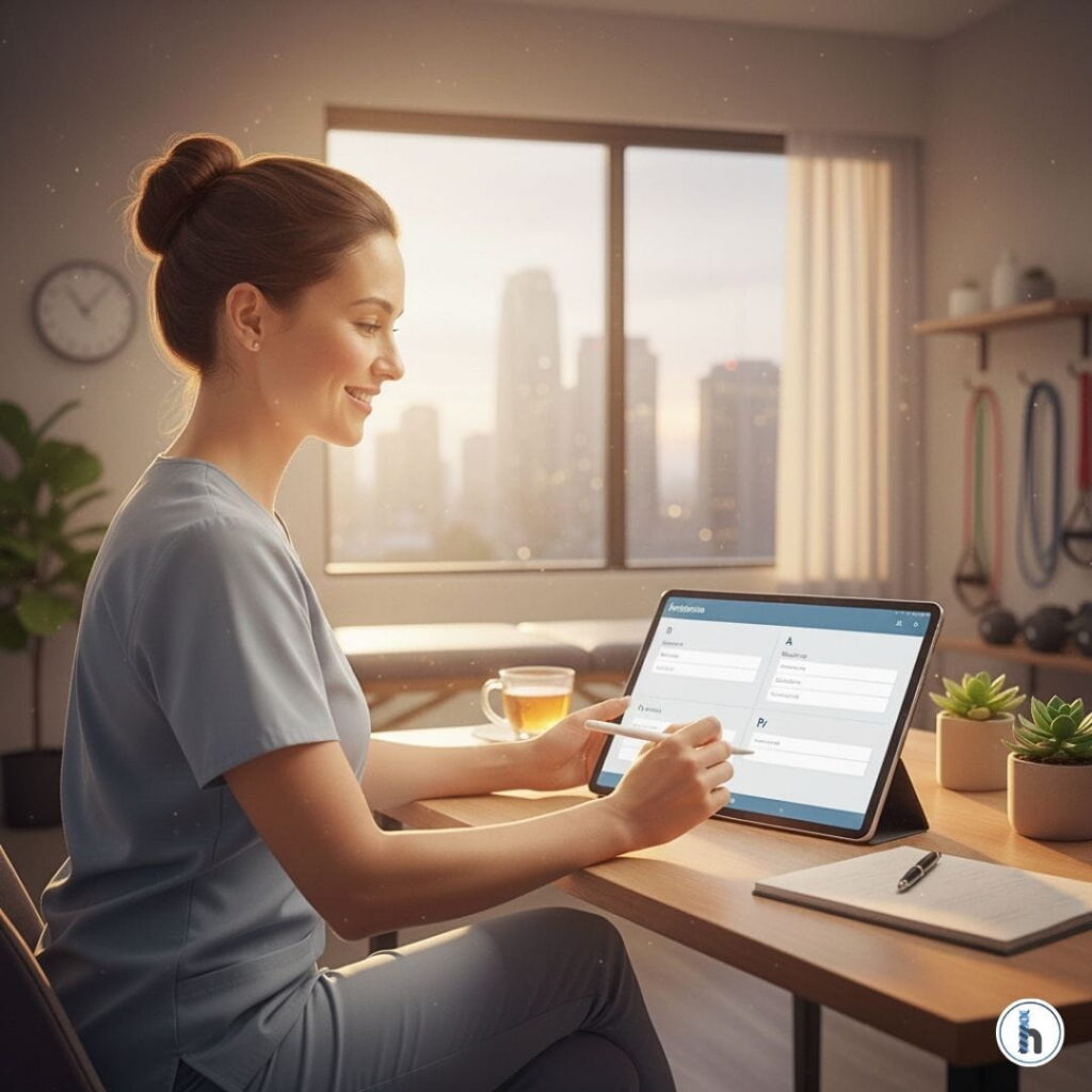 A physical therapist using a tablet to complete a SOAP note in a clinical office during the afternoon.