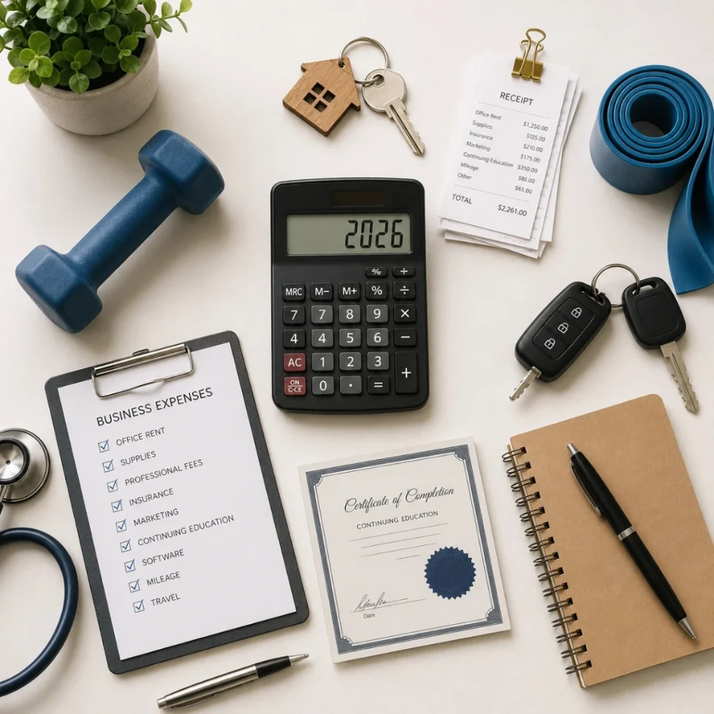 Flat lay of calculator, receipts, business expense checklist, therapy equipment, and office items representing 2026 tax deductions for therapy practice owners