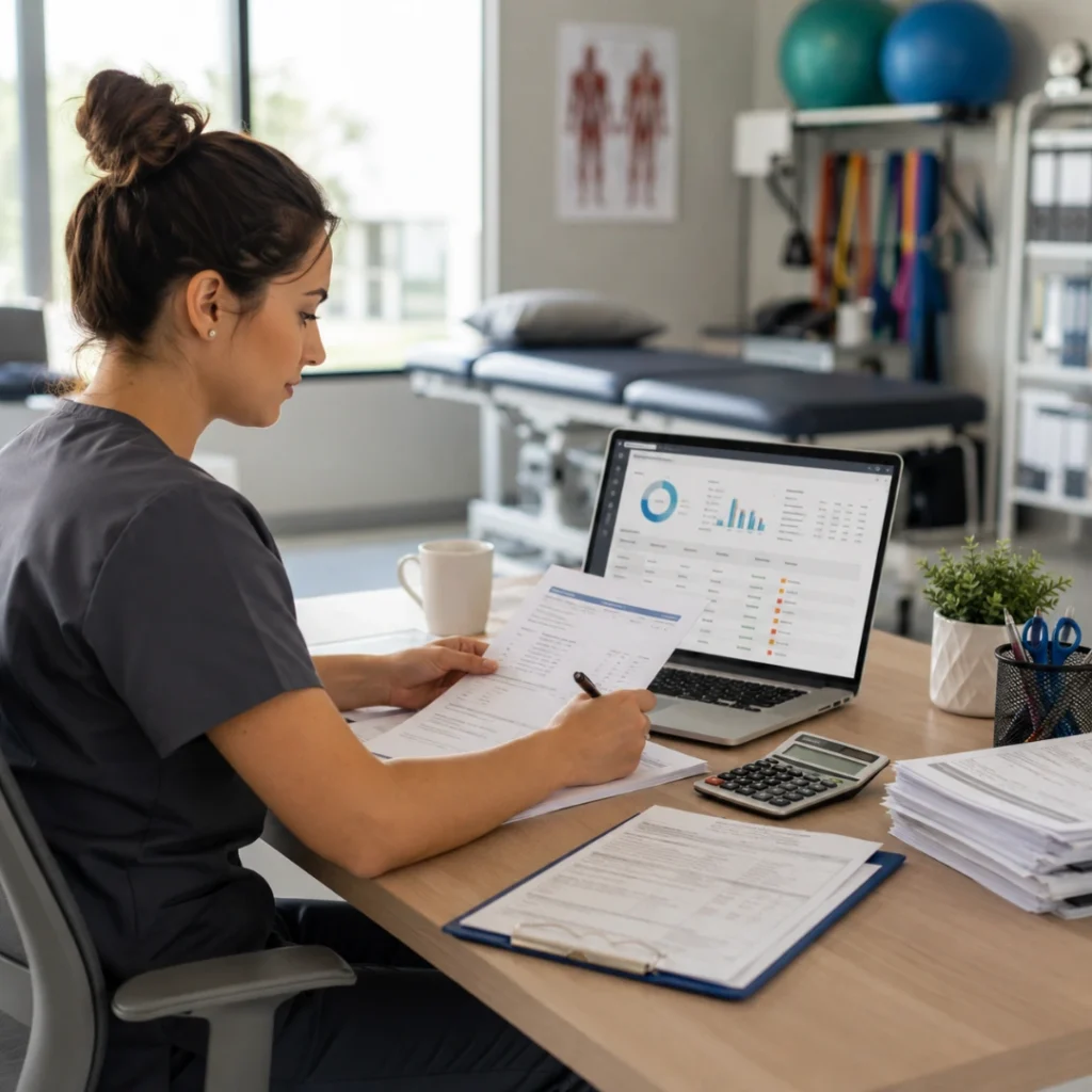 Therapy office staff reviewing billing paperwork and claim tracking on a laptop, representing a clearinghouse for therapy billing, claim submission, and revenue cycle management for PT, OT, and SLP practices.