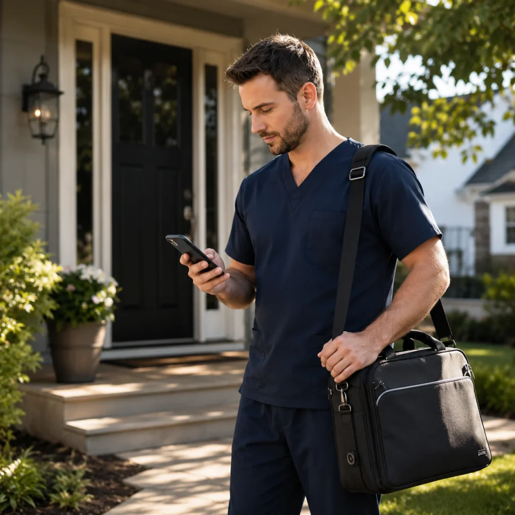 A physical therapist checking in on a smartphone app before a home health visit at a residential front door for electronic visit verification