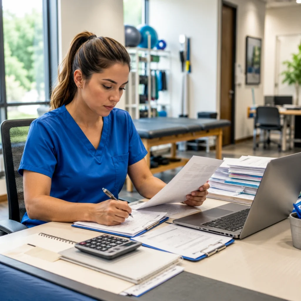 Clinician reviewing therapy billing paperwork in a clinic office, representing KX modifier therapy billing, Medicare therapy threshold tracking, and documentation for PT, OT, and SLP practices.