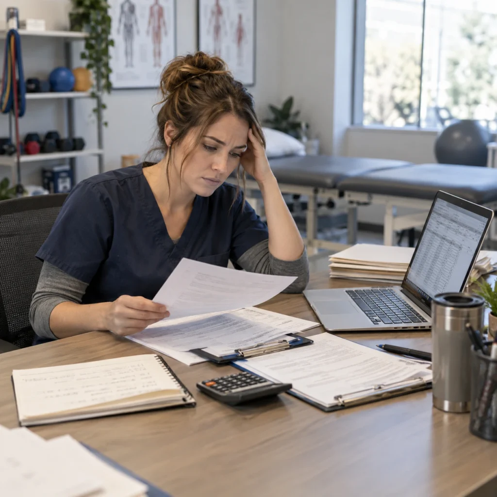 Therapist reviewing paperwork and billing documents at a clinic desk without streamlined revenue cycle management software