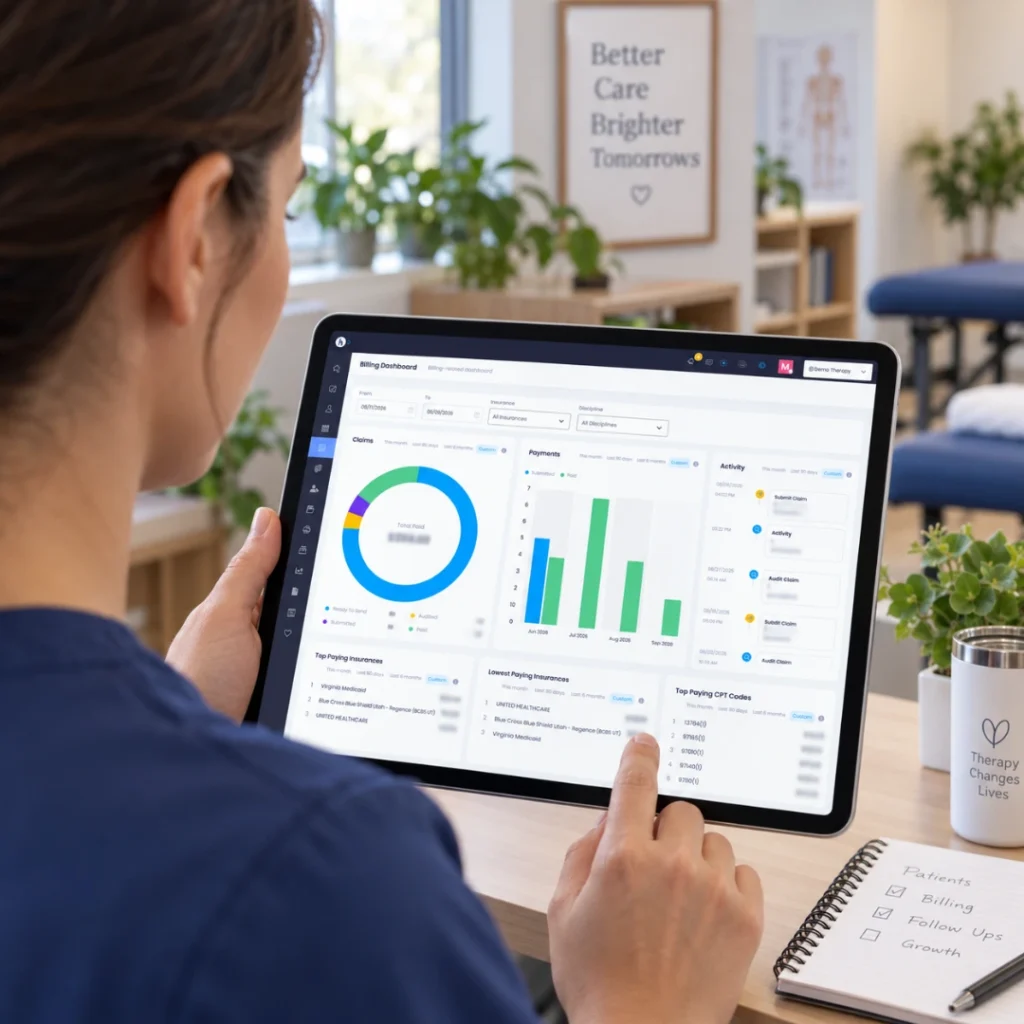 Therapist reviewing a revenue cycle management dashboard on a tablet in a therapy clinic