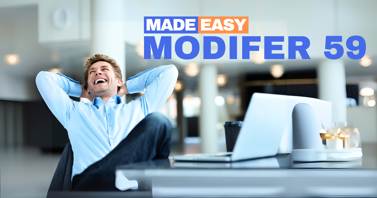 Happy man in office feeling confident about using Modifier 59 for easier billing and faster reimbursements.