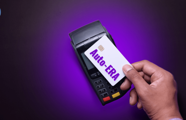 A hand holding a white card labeled "Auto-ERA" above a payment terminal, symbolizing automated Electronic Remittance Advice (ERA) processing in medical billing. The image features a glowing purple background, emphasizing digital transactions and automation in EMR systems.