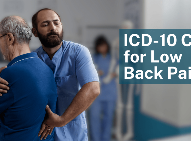 Healthcare provider assisting patient with low back pain, with a focus on the ICD-10 code updates for low back pain in 2025