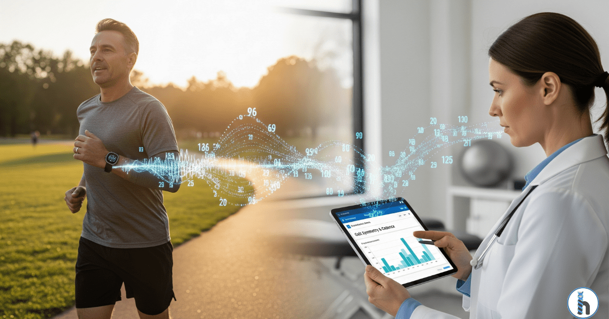 An image showing the power of wearable health technology, with a data stream flowing from a man's smartwatch as he jogs directly to a therapist's tablet, which displays real-time gait analysis.