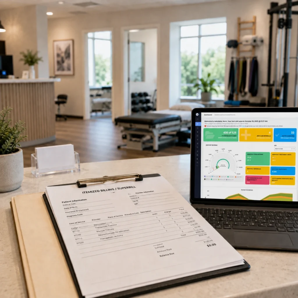 Superbill for therapy displayed beside a laptop in a modern therapy clinic