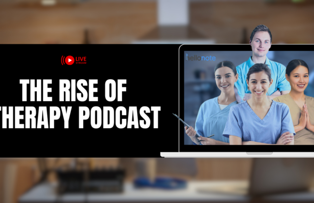 A promotional graphic for therapy podcasts featuring a live stream banner, a laptop showing diverse healthcare professionals, and the text 'The Rise of Therapy Podcast.'