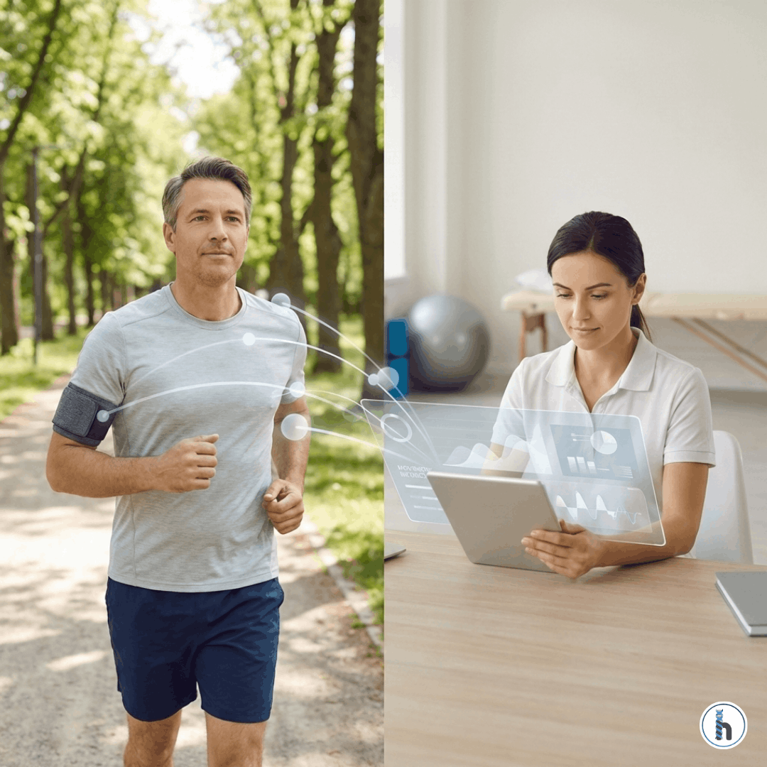 Physical therapist reviewing remote therapeutic monitoring data while a patient performs outdoor activity using a wearable device