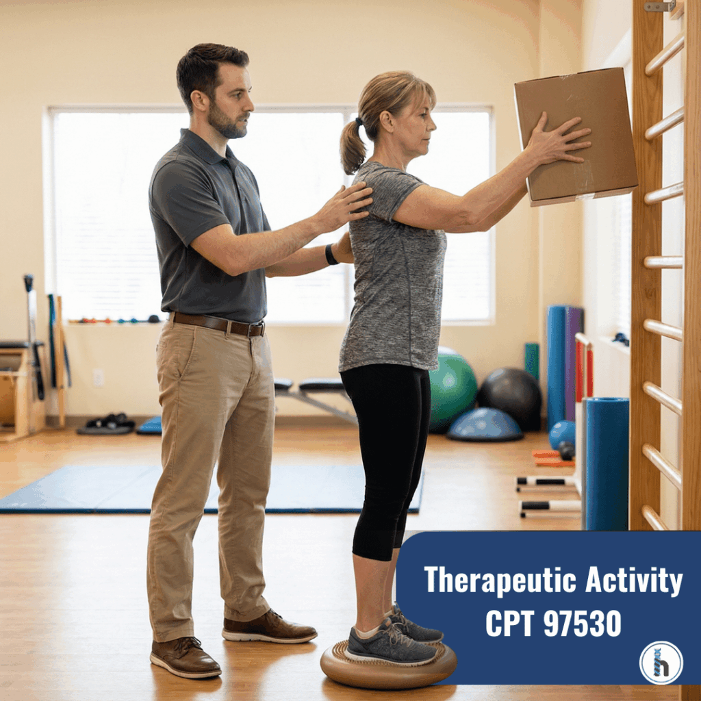Physical therapist assisting a patient with a functional lifting exercise during therapeutic activity CPT 97530 in a rehab clinic.