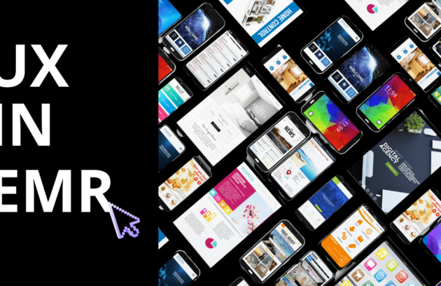 UX challenges in EMR software shown through mobile devices and digital interfaces