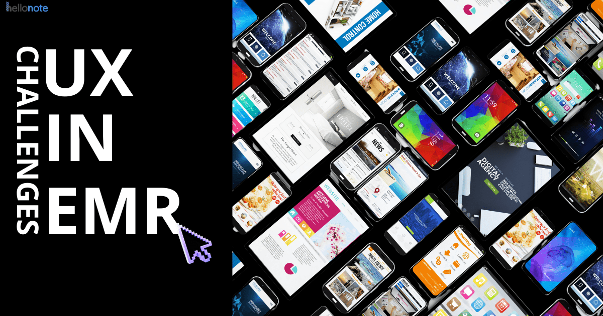 UX challenges in EMR software shown through mobile devices and digital interfaces