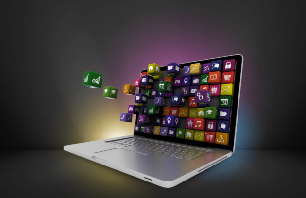 A modern laptop displaying a dynamic array of colorful app icons representing customizable features in EMR software. The floating icons symbolize the flexibility and adaptability of the best EMR software with customization options.