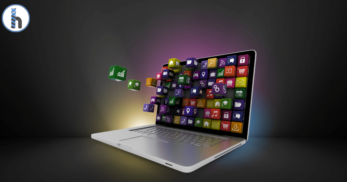 A modern laptop displaying a dynamic array of colorful app icons representing customizable features in EMR software. The floating icons symbolize the flexibility and adaptability of the best EMR software with customization options.